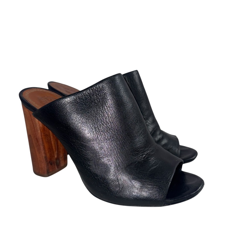 Tory Burch Black Leather Peep Toe Mules Stacked Wood Block Heel Size 6.5M Brazil
